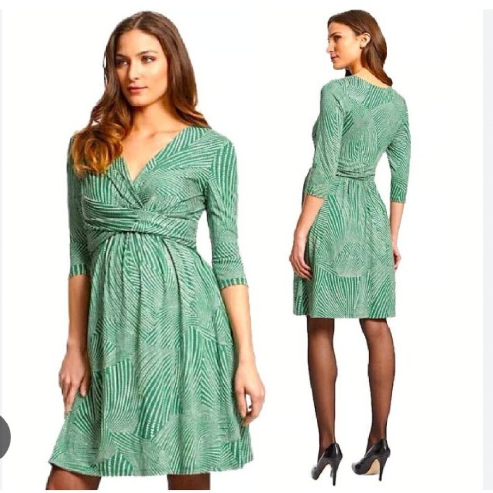 Seraphine Kelly Geo Dot Dress Womens US 4 Green White Wrap Maternity 3/4 Sleeve
